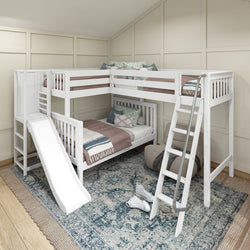 JUMBLE WS : Play Loft Beds High Twin over Full Corner Loft Bunk Bed with Ladder + Slide Platform, Slat, White