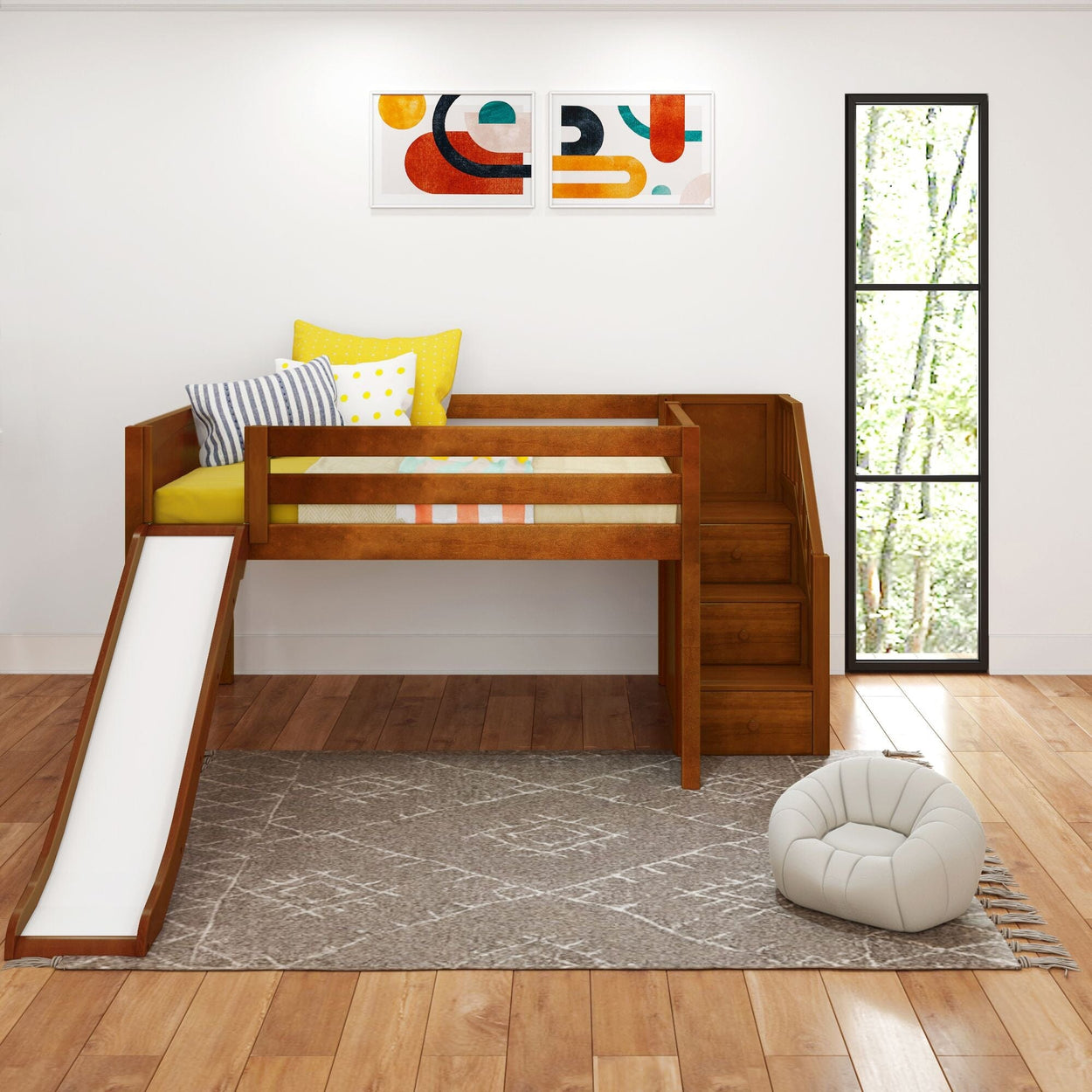 KAPOW CP : Play Loft Beds Full Low Loft Bed with Stairs + Slide, Panel, Chestnut