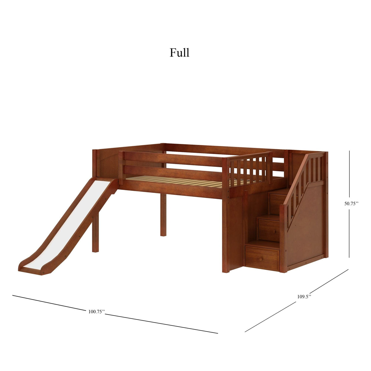 KAPOW CP : Loft Bed Full Low Loft Bed with Stairs + Slide, Panel, Chestnut