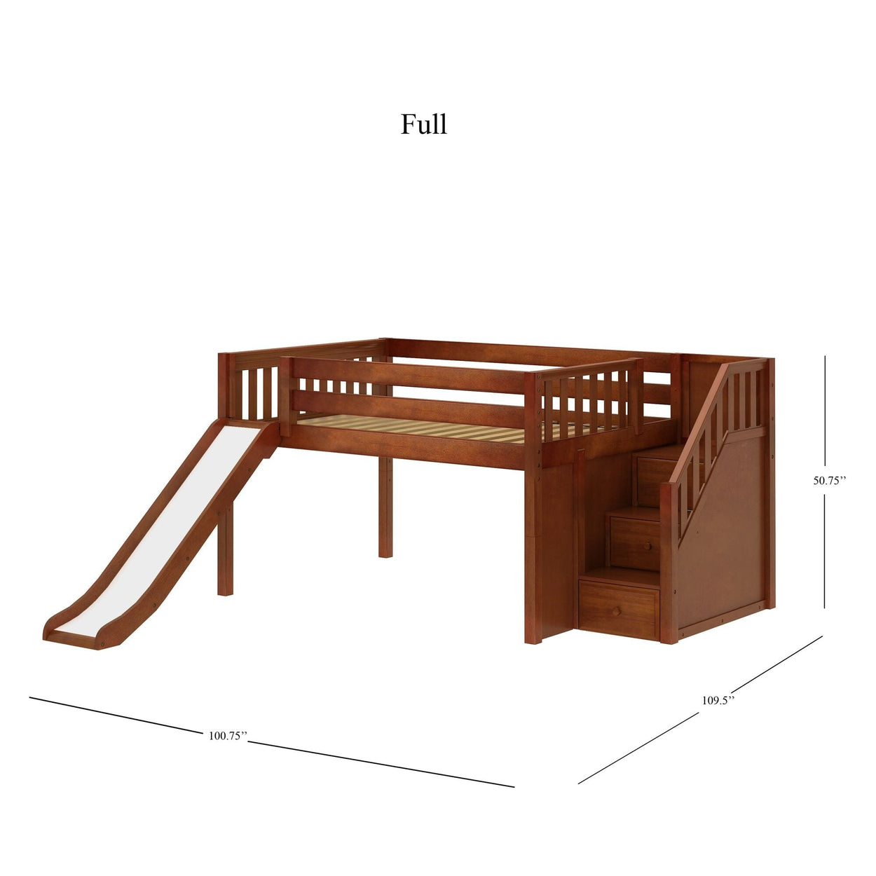 KAPOW CS : Loft Bed Full Low Loft Bed with Stairs + Slide, Slat, Chestnut