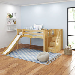 KAPOW NP : Play Loft Beds Full Low Loft Bed with Stairs + Slide, Panel, Natural