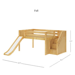 KAPOW NP : Loft Bed Full Low Loft Bed with Stairs + Slide, Panel, Natural