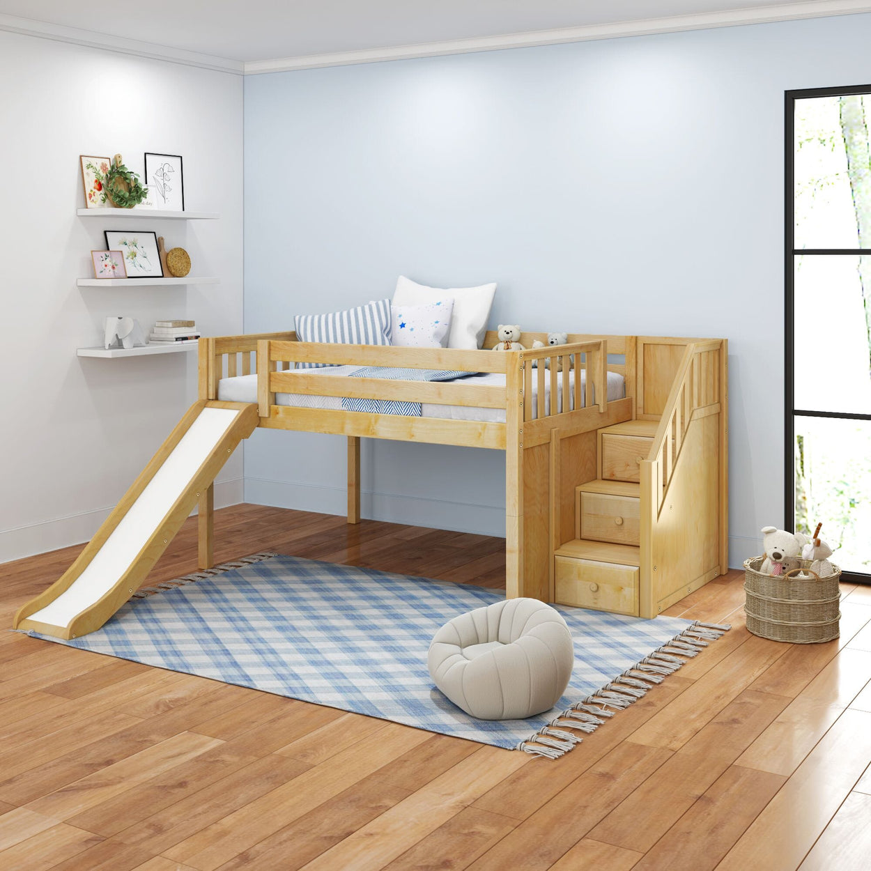 KAPOW NS : Loft Bed Full Low Loft Bed with Stairs + Slide, Slat, Natural