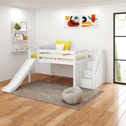 KAPOW WC : Loft Bed Full Low Loft Bed with Stairs + Slide, Curved, White