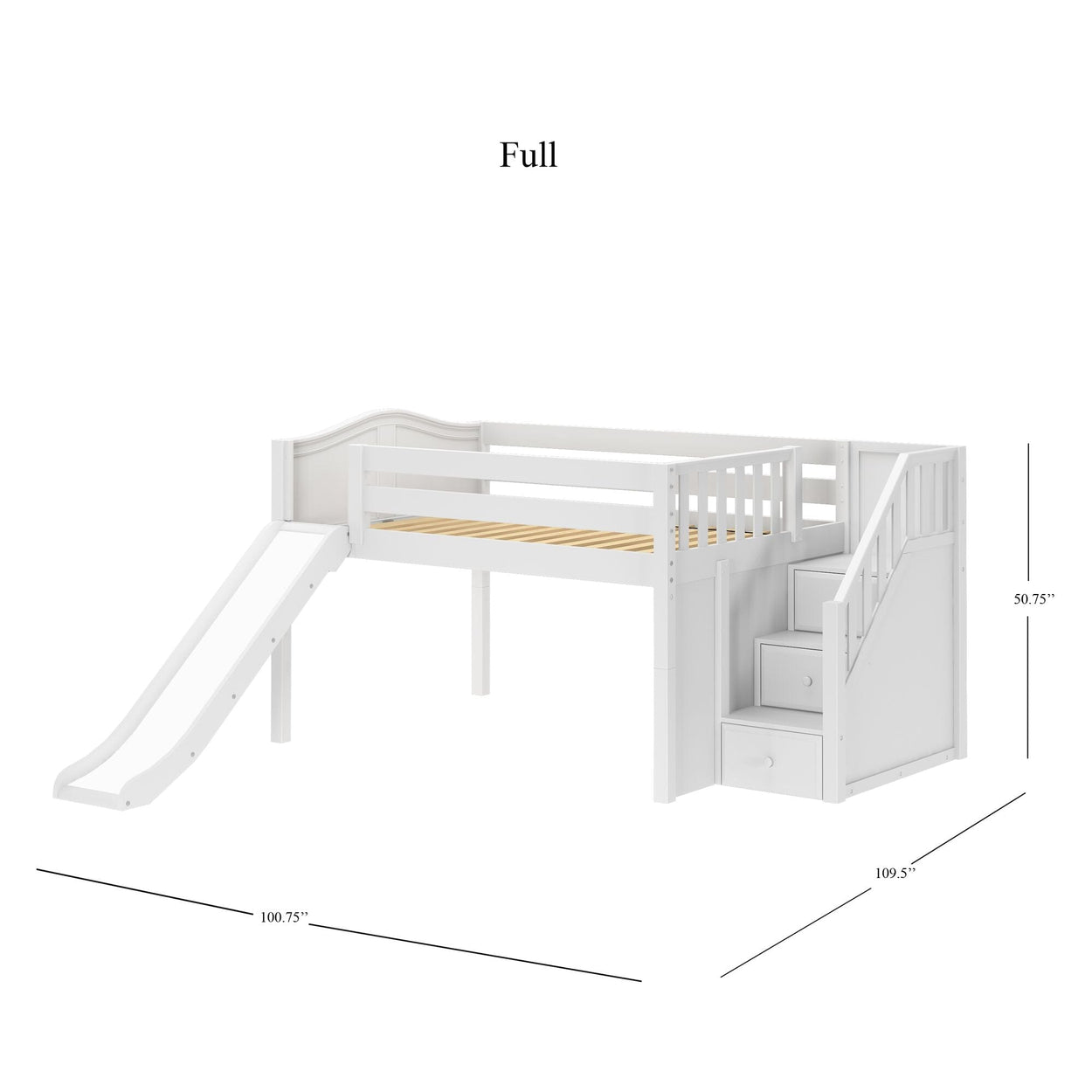 KAPOW WC : Play Loft Beds Full Low Loft Bed with Stairs + Slide, Curved, White