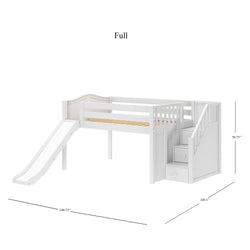 KAPOW WC : Loft Bed Full Low Loft Bed with Stairs + Slide, Curved, White