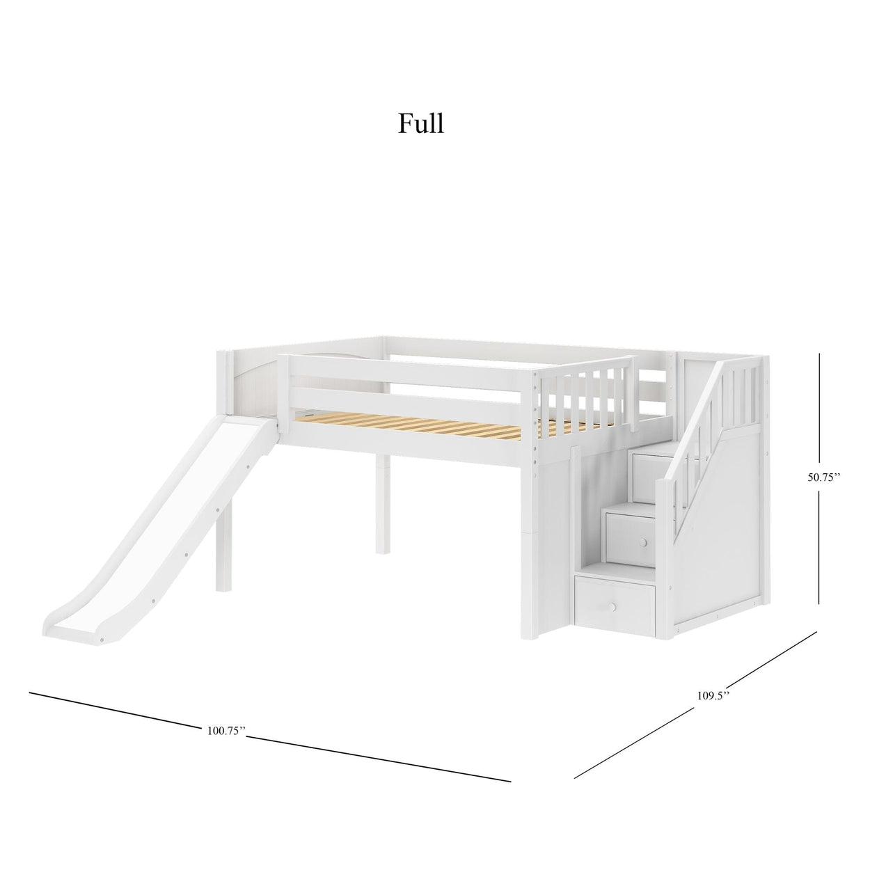 KAPOW WP : Loft Bed Full Low Loft Bed with Stairs + Slide, Panel, White