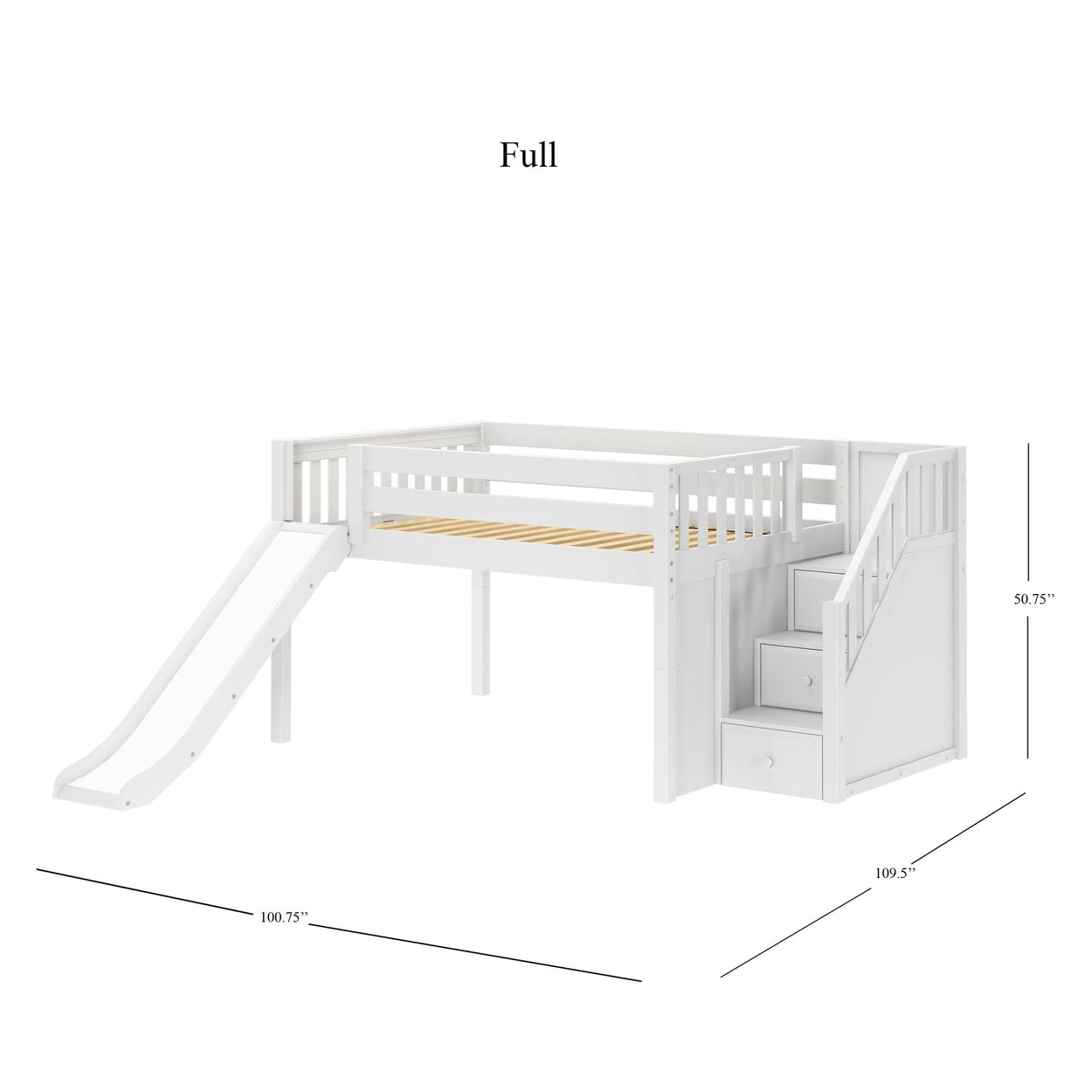 KAPOW WS : Play Loft Beds Full Low Loft Bed with Stairs + Slide, Slat, White