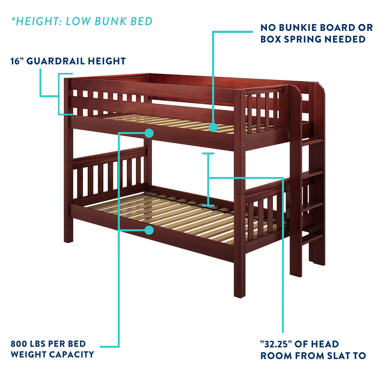 STACKER CS : Staircase Bunk Beds Twin Low Bunk Bed with Stairs, Slat, Chestnut