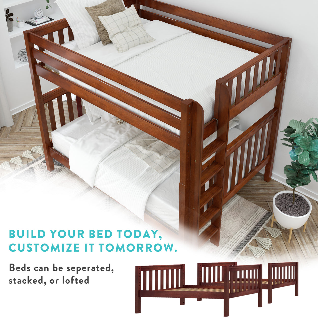 TOTEM XL CS : Staggered Bunk Beds High Twin XL over Full XL Bunk Bed with Stairs, Slat, Chestnut