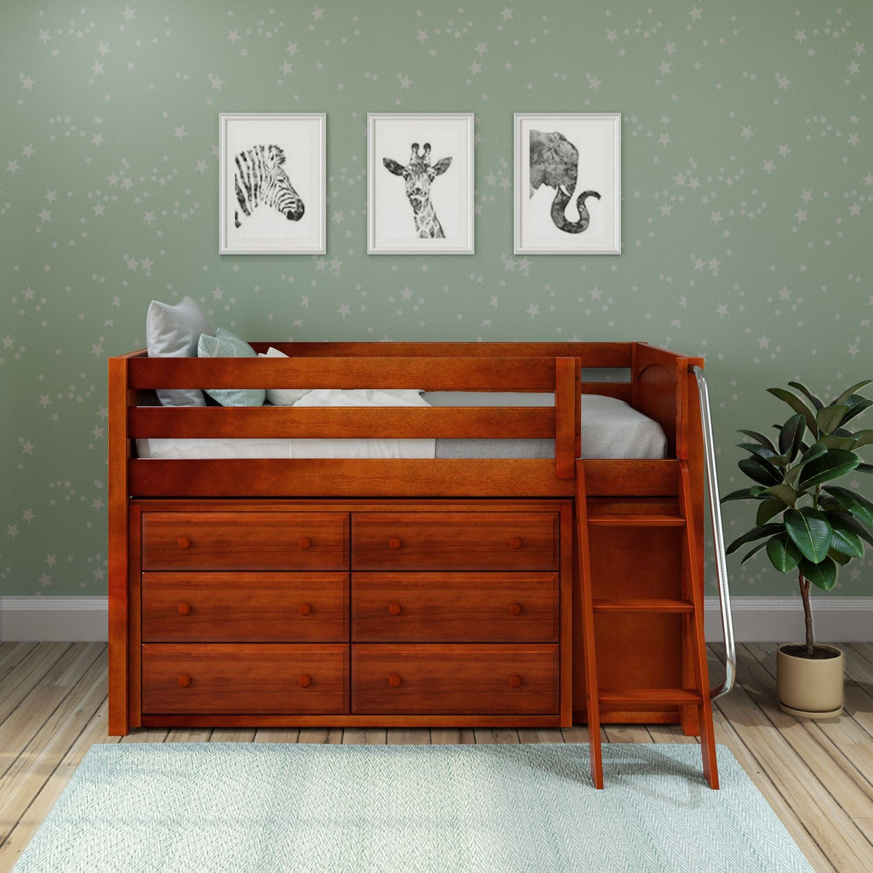 KICKS12 CP : Storage & Study Loft Beds Low Loft Bed with Cube & 6 Drawer Dressers, Twin, Panel, Chestnut