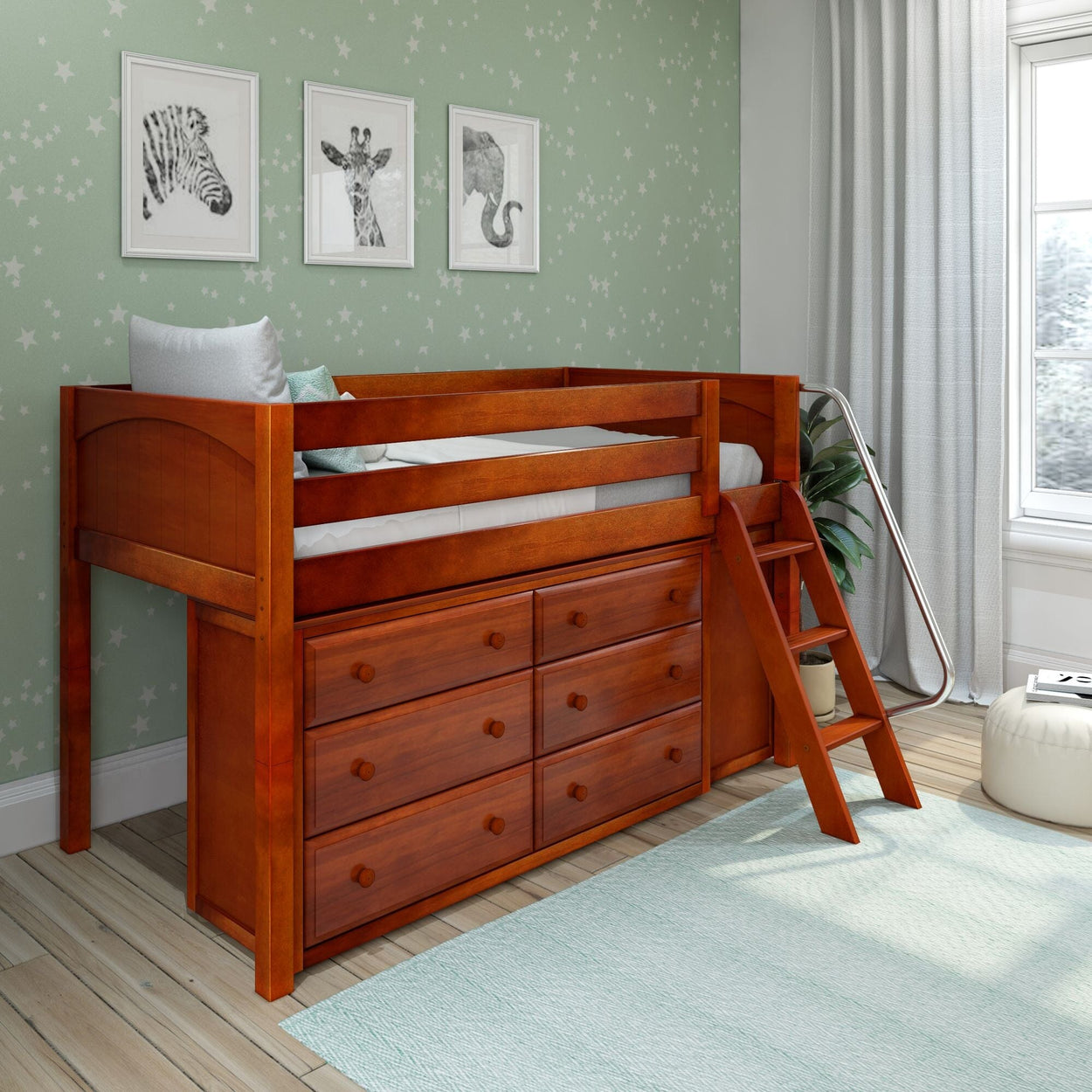 KICKS12 CP : Study Loft Beds Low Loft Bed with Cube & 6 Drawer Dressers, Twin, Panel, Chestnut