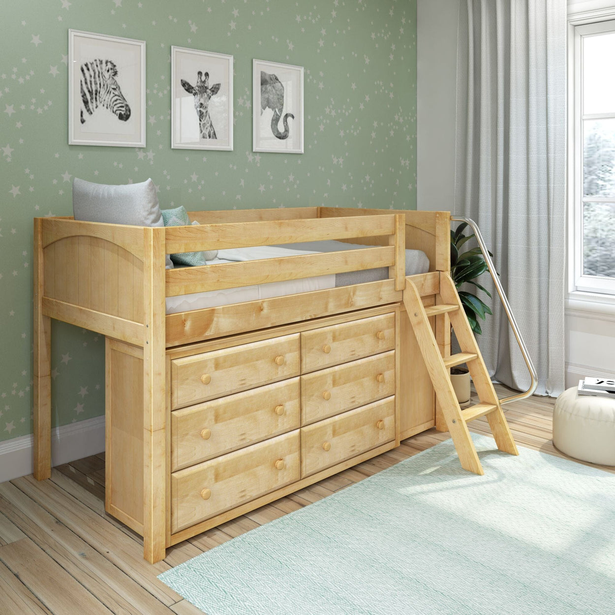 KICKS12 NP : Storage & Study Loft Beds Low Loft Bed with Cube & 6 Drawer Dressers, Twin, Panel, Natural