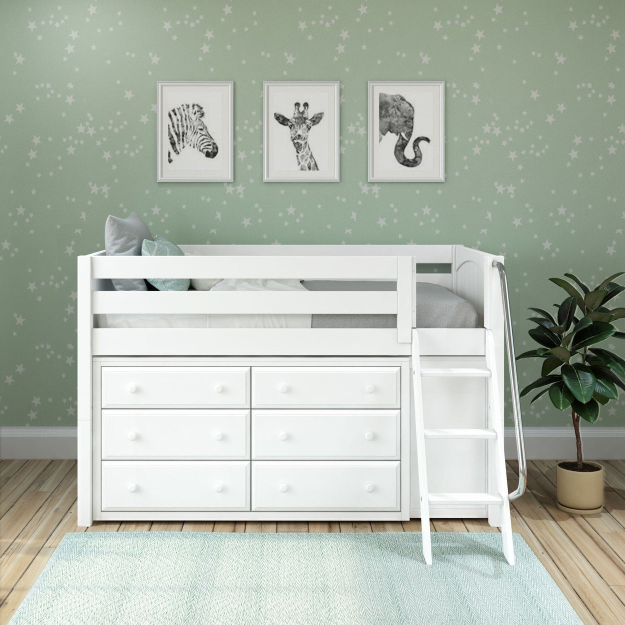 KICKS12 WP : Storage & Study Loft Beds Low Loft Bed with Cube & 6 Drawer Dressers, Twin, Panel, White