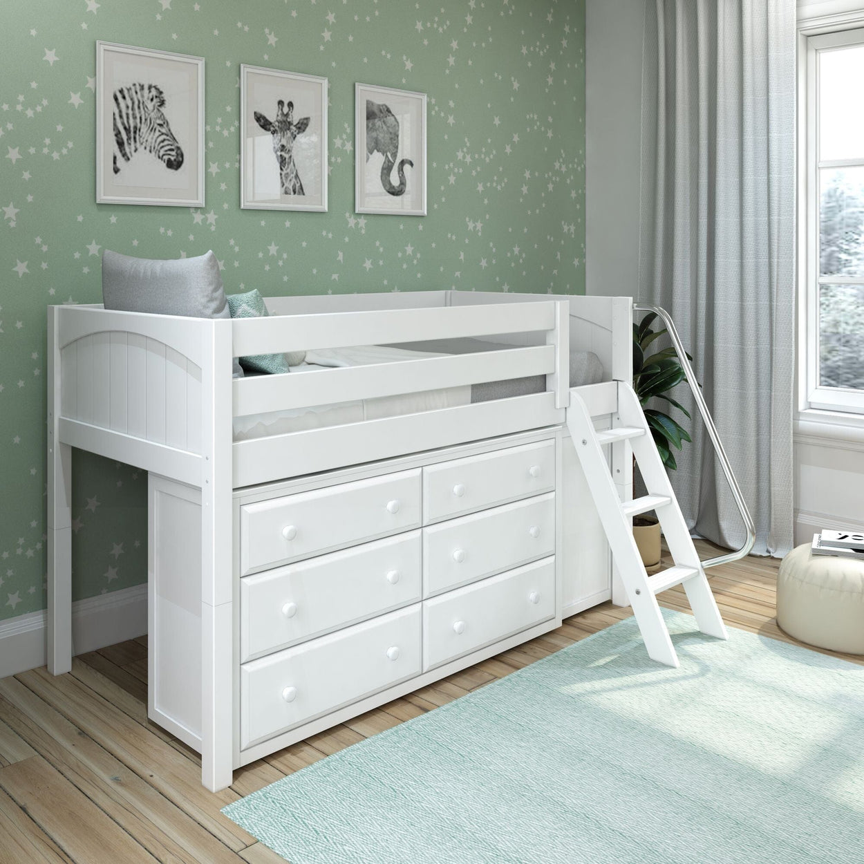 KICKS12 WP : Storage & Study Loft Beds Low Loft Bed with Cube & 6 Drawer Dressers, Twin, Panel, White