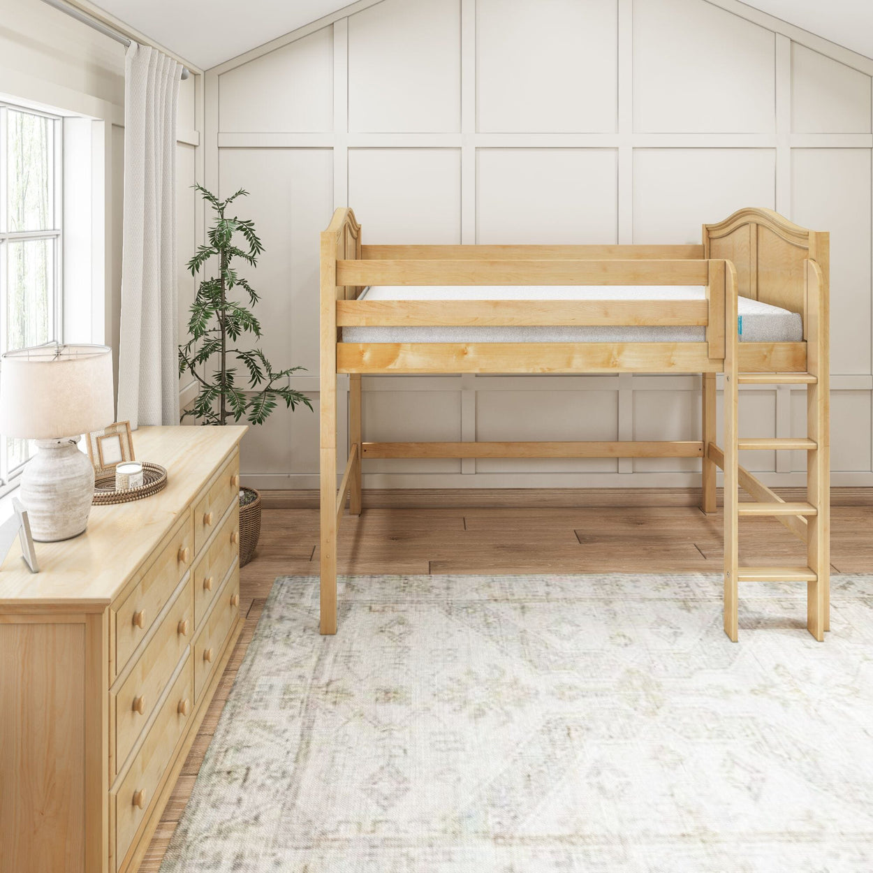 KINGM XL MAT NC : Kids Beds Full XL Med HB Mid Loft Bed with Mattress, Curved, Natural