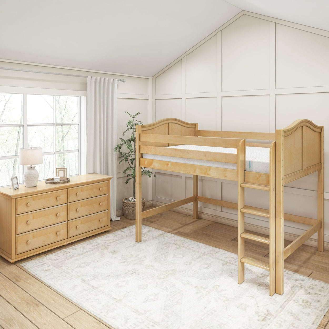 KINGM XL MAT NC : Kids Beds Full XL Med HB Mid Loft Bed with Mattress, Curved, Natural