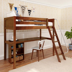 KNOCKOUT8 CP : Study Loft Beds Twin High Loft w/angled ladder, long desk, 22.5" low bookcase, Panel, Chestnut