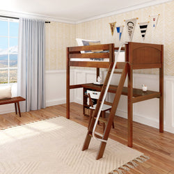 KNOCKOUT8 CP : Study Loft Beds Twin High Loft w/angled ladder, long desk, 22.5" low bookcase, Panel, Chestnut