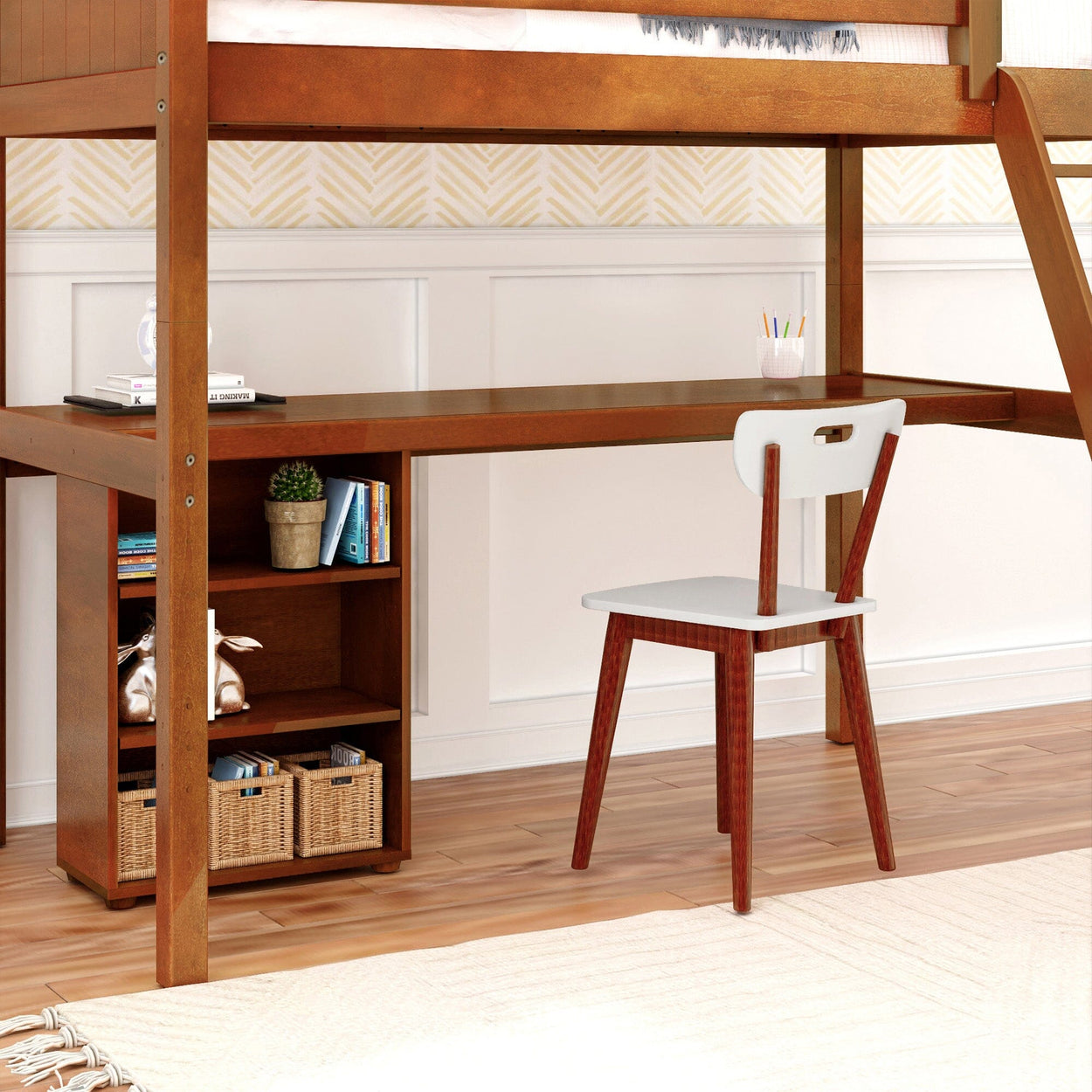 KNOCKOUT8 CP : Storage & Study Loft Beds Twin High Loft w/angled ladder, long desk, 22.5" low bookcase, Panel, Chestnut