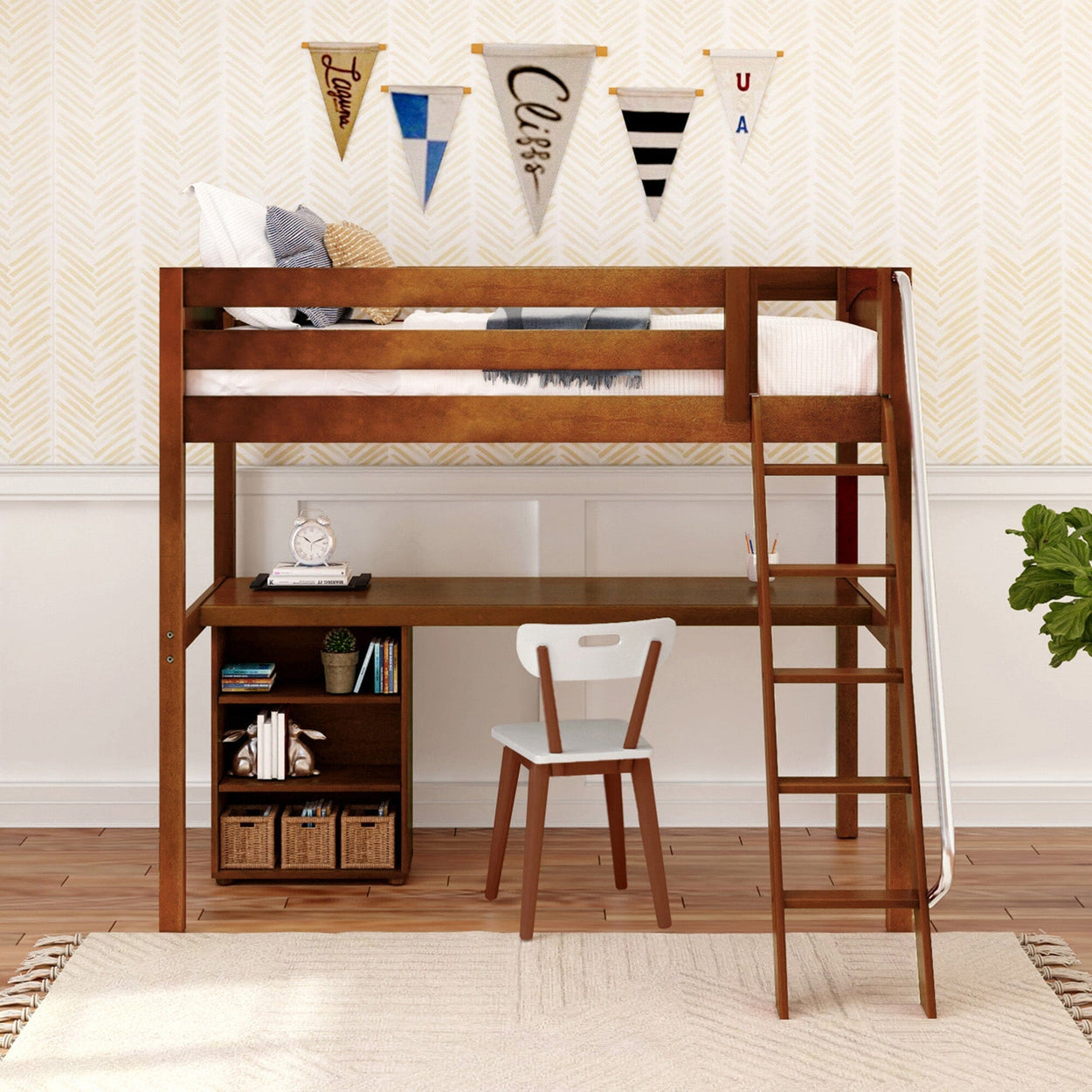 KNOCKOUT8 CP : Study Loft Beds Twin High Loft w/angled ladder, long desk, 22.5" low bookcase, Panel, Chestnut