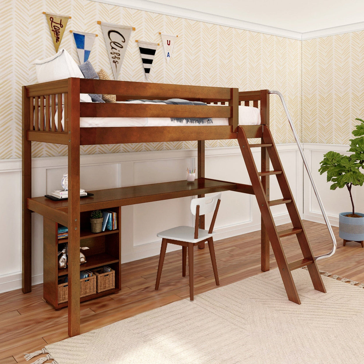 KNOCKOUT8 CS : Storage & Study Loft Beds Twin High Loft w/angled ladder, long desk, 22.5" low bookcase, Slat, Chestnut