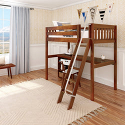 KNOCKOUT8 CS : Study Loft Beds Twin High Loft w/angled ladder, long desk, 22.5" low bookcase, Slat, Chestnut