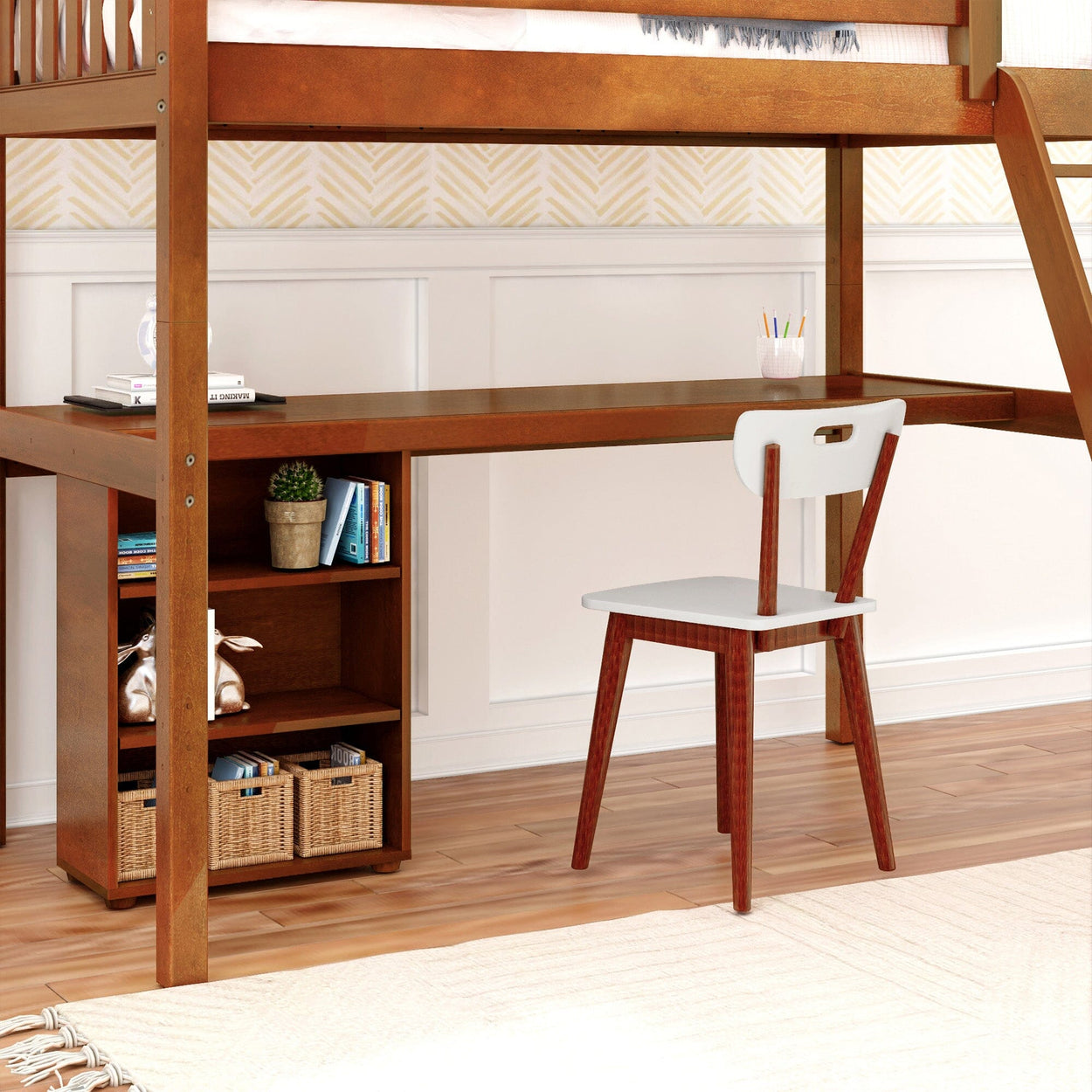 KNOCKOUT8 CS : Study Loft Beds Twin High Loft w/angled ladder, long desk, 22.5" low bookcase, Slat, Chestnut