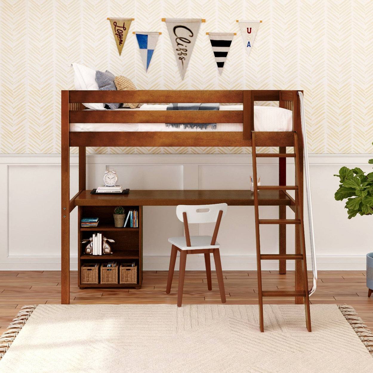 KNOCKOUT8 CS : Storage & Study Loft Beds Twin High Loft w/angled ladder, long desk, 22.5" low bookcase, Slat, Chestnut