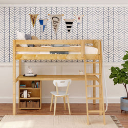 KNOCKOUT8 NP : Storage & Study Loft Beds Twin High Loft w/angled ladder, long desk, 22.5" low bookcase, Panel, Natural