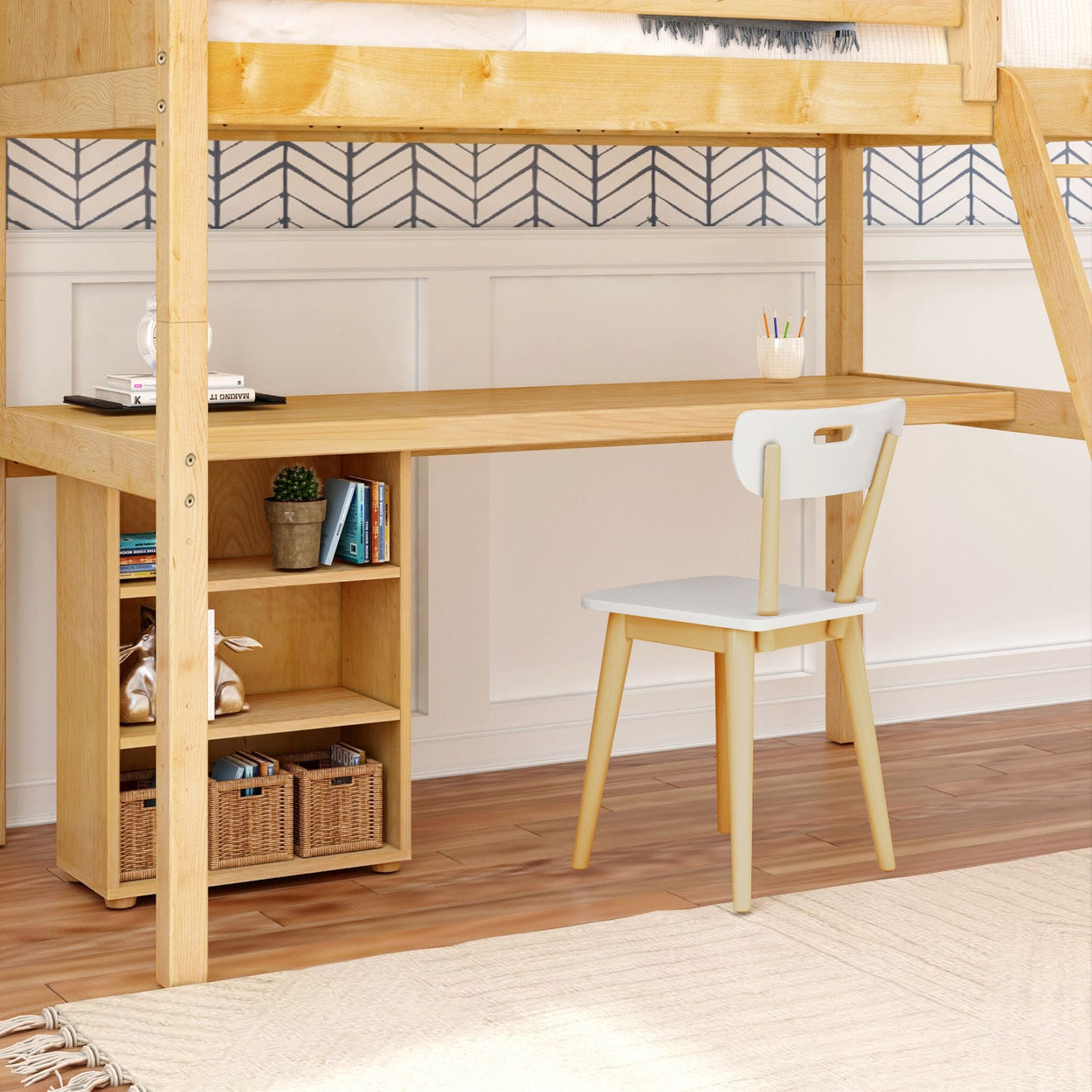 KNOCKOUT8 NP : Storage & Study Loft Beds Twin High Loft w/angled ladder, long desk, 22.5" low bookcase, Panel, Natural