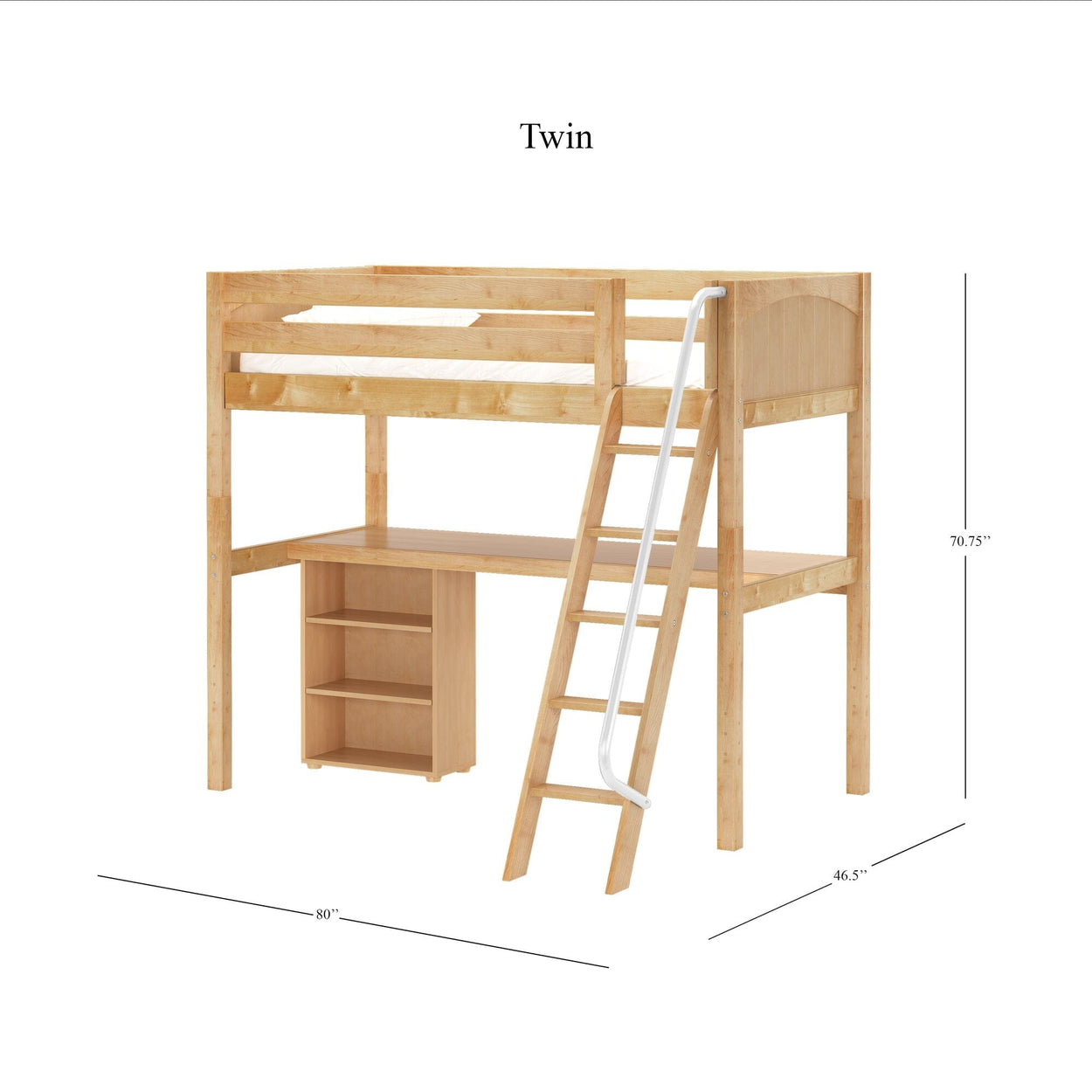 KNOCKOUT8 NP : Study Loft Beds Twin High Loft w/angled ladder, long desk, 22.5" low bookcase, Panel, Natural