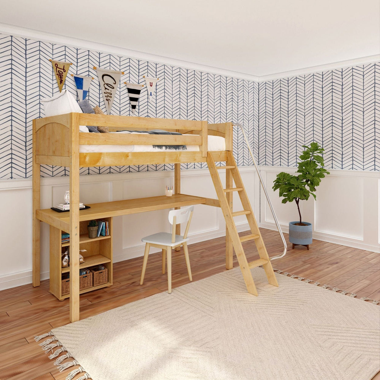 KNOCKOUT8 NP : Storage & Study Loft Beds Twin High Loft w/angled ladder, long desk, 22.5" low bookcase, Panel, Natural