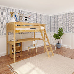 KNOCKOUT8 NP : Study Loft Beds Twin High Loft w/angled ladder, long desk, 22.5" low bookcase, Panel, Natural