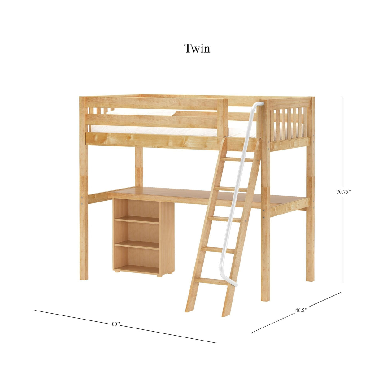 KNOCKOUT8 NS : Study Loft Beds Twin High Loft w/angled ladder, long desk, 22.5" low bookcase, Slat, Natural