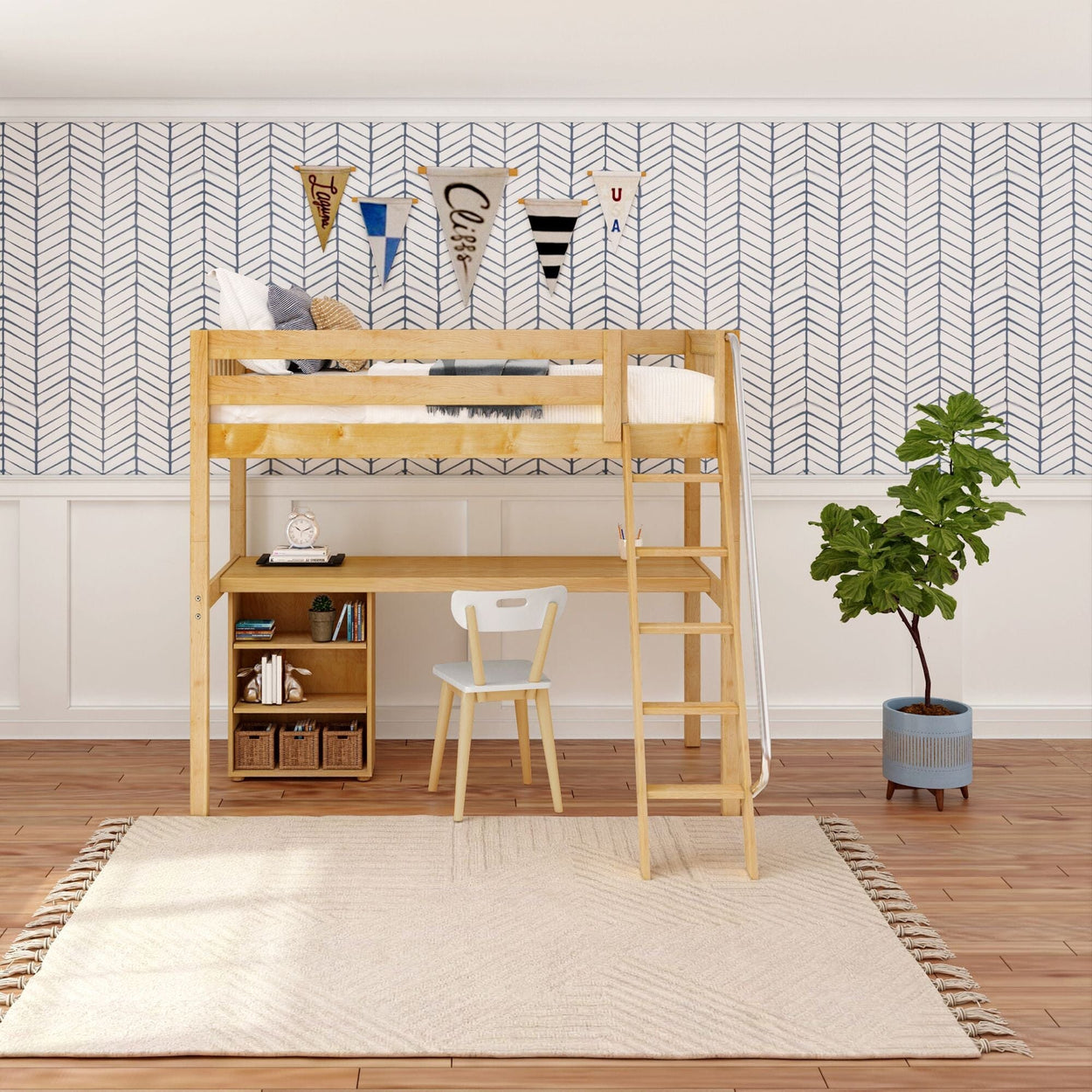 KNOCKOUT8 NS : Storage & Study Loft Beds Twin High Loft w/angled ladder, long desk, 22.5" low bookcase, Slat, Natural