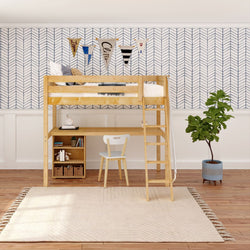 KNOCKOUT8 NS : Study Loft Beds Twin High Loft w/angled ladder, long desk, 22.5" low bookcase, Slat, Natural