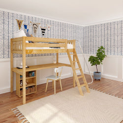 KNOCKOUT8 NS : Study Loft Beds Twin High Loft w/angled ladder, long desk, 22.5" low bookcase, Slat, Natural