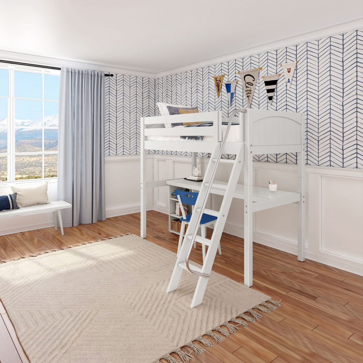 KNOCKOUT8 WP : Study Loft Beds Twin High Loft w/angled ladder, long desk, 22.5" low bookcase, Panel, White