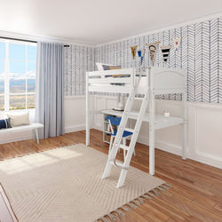 KNOCKOUT8 WP : Storage & Study Loft Beds Twin High Loft w/angled ladder, long desk, 22.5" low bookcase, Panel, White