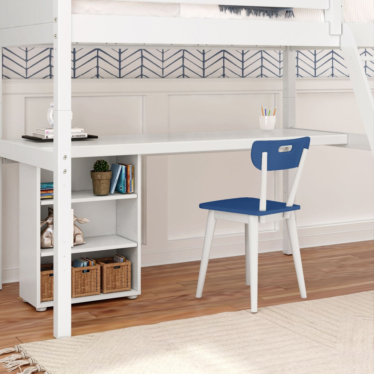 KNOCKOUT8 WP : Study Loft Beds Twin High Loft w/angled ladder, long desk, 22.5" low bookcase, Panel, White