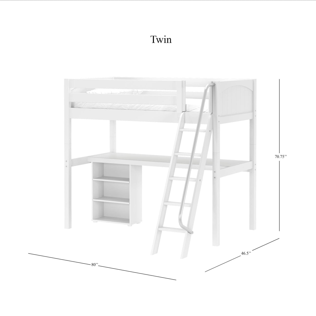 KNOCKOUT8 WP : Storage & Study Loft Beds Twin High Loft w/angled ladder, long desk, 22.5" low bookcase, Panel, White