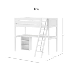 KNOCKOUT8 WP : Study Loft Beds Twin High Loft w/angled ladder, long desk, 22.5" low bookcase, Panel, White