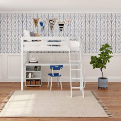 KNOCKOUT8 WP : Study Loft Beds Twin High Loft w/angled ladder, long desk, 22.5" low bookcase, Panel, White