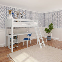 KNOCKOUT8 WP : Study Loft Beds Twin High Loft w/angled ladder, long desk, 22.5" low bookcase, Panel, White