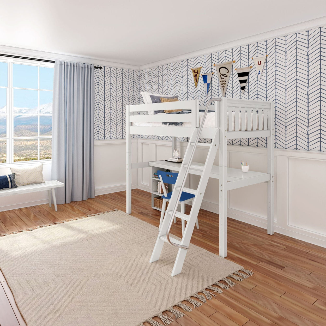 KNOCKOUT8 WS : Storage & Study Loft Beds Twin High Loft w/angled ladder, long desk, 22.5" low bookcase, Slat, White