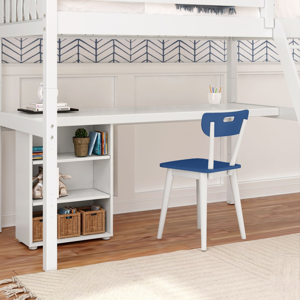 KNOCKOUT8 WS : Study Loft Beds Twin High Loft w/angled ladder, long desk, 22.5" low bookcase, Slat, White