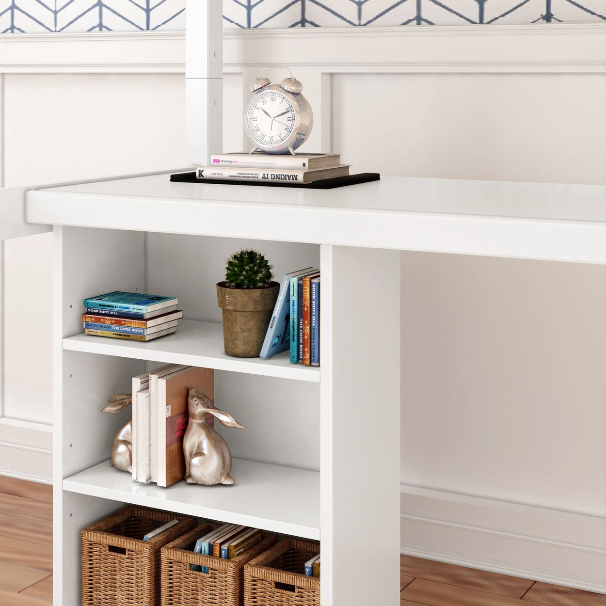 KNOCKOUT8 WS : Storage & Study Loft Beds Twin High Loft w/angled ladder, long desk, 22.5" low bookcase, Slat, White