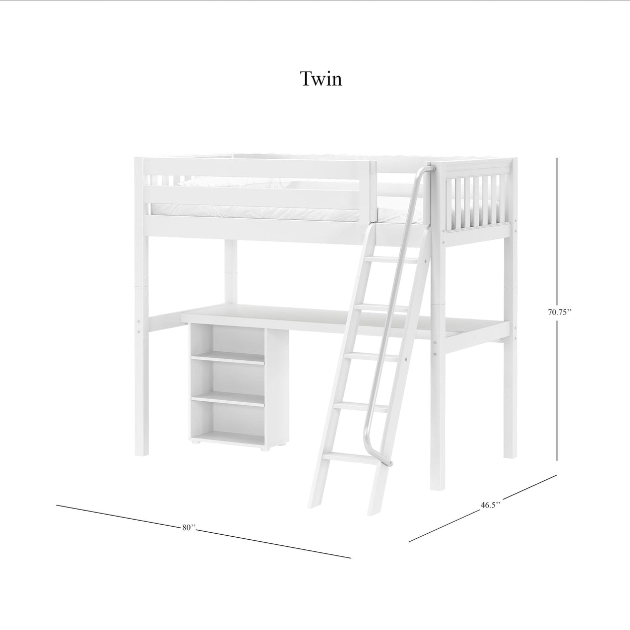 KNOCKOUT8 WS : Storage & Study Loft Beds Twin High Loft w/angled ladder, long desk, 22.5" low bookcase, Slat, White