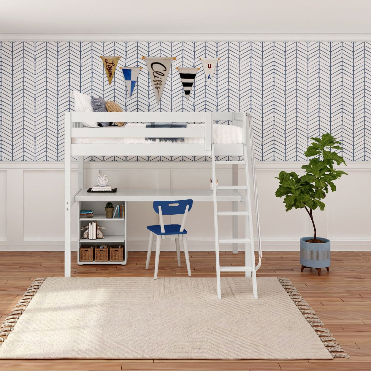 KNOCKOUT8 WS : Storage & Study Loft Beds Twin High Loft w/angled ladder, long desk, 22.5" low bookcase, Slat, White